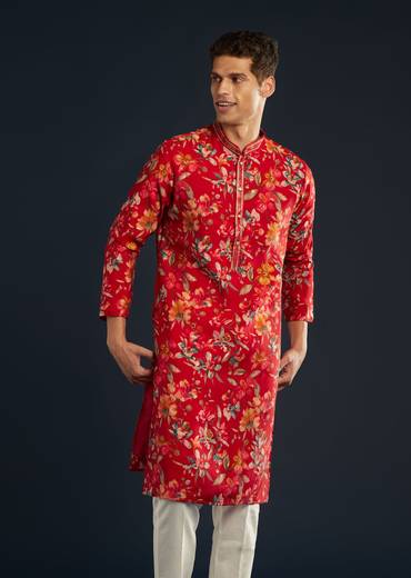 Red Mens Silk Kurta Set with Floral Prints