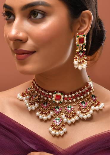Red Multi Necklace Set With Pachi Kundan