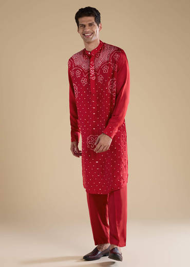 Red Pure Bandhani Silk Mens Straight Kurta Pant Set