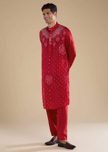 Red Pure Bandhani Silk Mens Straight Kurta Pant Set
