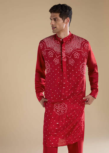 Red Pure Bandhani Silk Mens Straight Kurta Pant Set