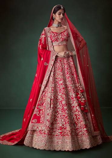 Red Sequin and Resham Embellished Bridal Lehenga Set in Silk