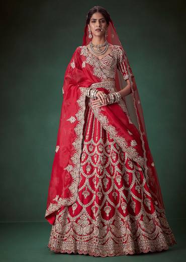 Red Sequin and Resham Embellished Bridal Lehenga Set