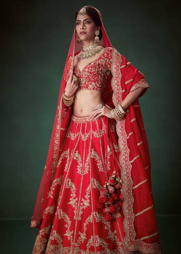 Red Sequin Embellished Bridal Lehenga Set in Silk