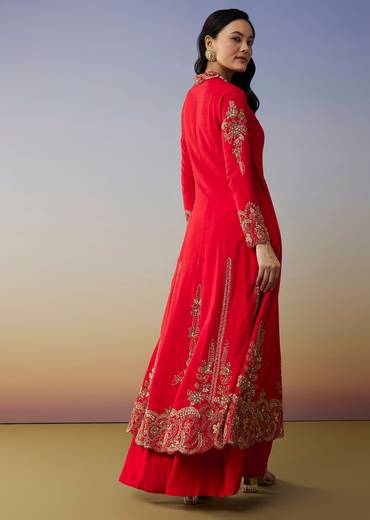 Red Silk Anarkali Suits with Cut Dana Sequins Work