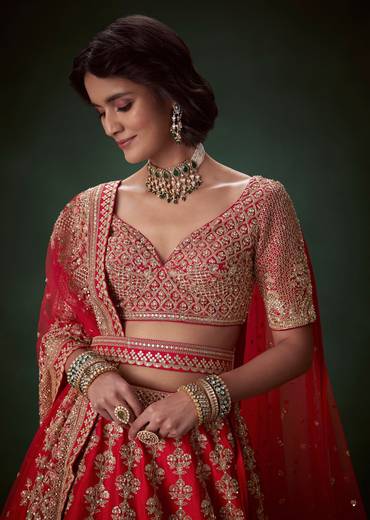 Red Silk Bridal Lehenga Set with Two Dupattas