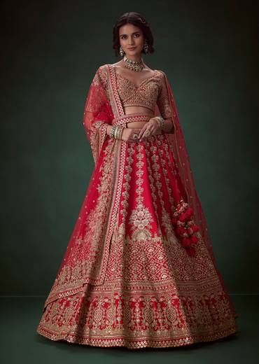 Red Silk Bridal Lehenga Set with Two Dupattas