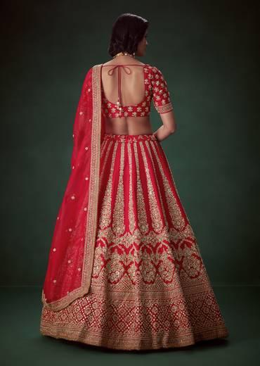 Red Silk Bridal Lehenga Set with Zari and Beads