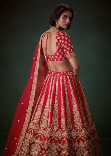 Red Silk Bridal Lehenga Set with Zari and Beads