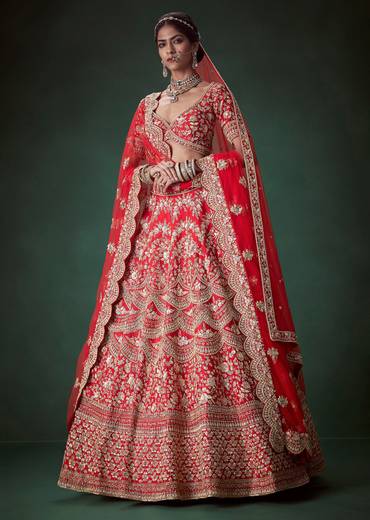 Red Silk Gold Zari Embellished Bridal Lehenga Set