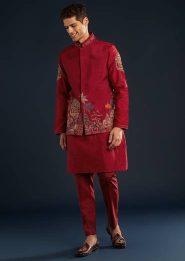 Red Silk Jacket Kurta Set With Cutdana Work