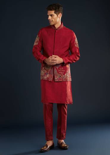 Red Silk Jacket Kurta Set With Cutdana Work