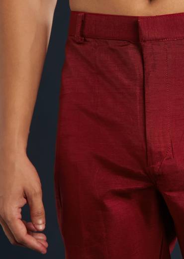 Red Silk Jacket Kurta Set With Cutdana Work