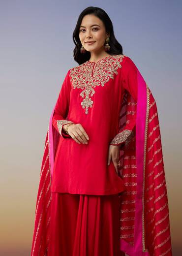 Red Viscose Satin Palazzo Suit with Zardosi Work