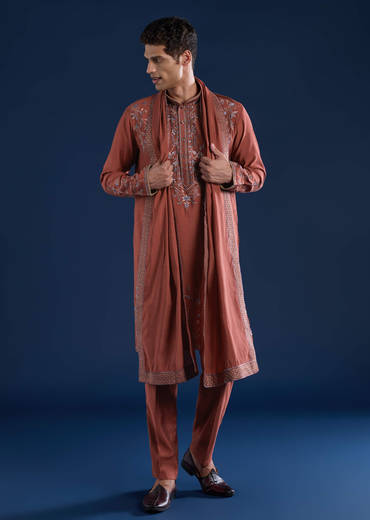 Rust Art Silk Embroidered Mens Kurta Set with Dupatta
