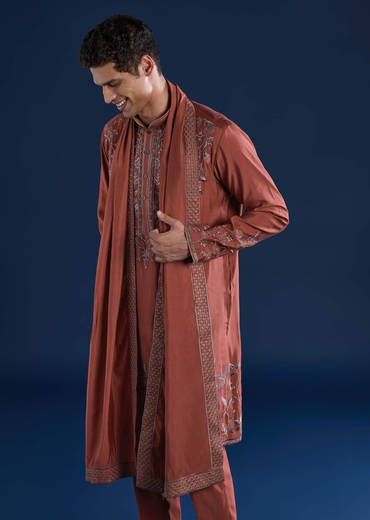 Rust Art Silk Embroidered Mens Kurta Set with Dupatta