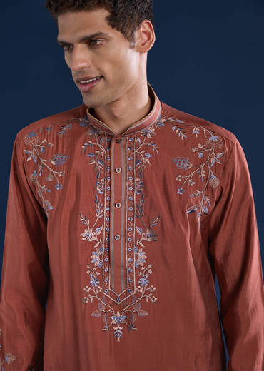 Rust Art Silk Embroidered Mens Kurta Set with Dupatta