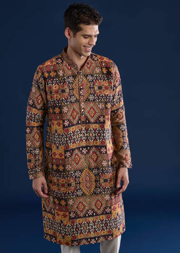 Rust Rawsilk Printed Mens Kurta and Pant Set