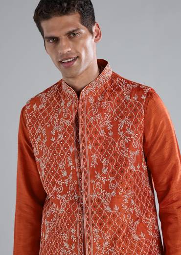 Rust Silk Kurta Jacket Set With Zari Mirror Work