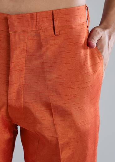 Rust Silk Kurta Jacket Set With Zari Mirror Work