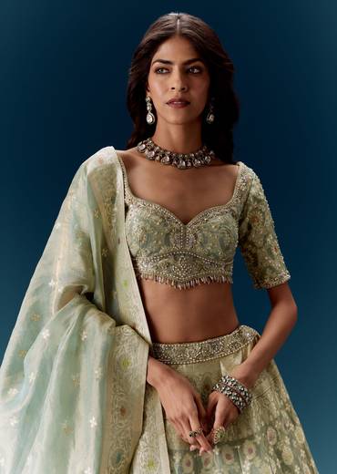 Sea Green Banarasi Embroidered Bridal Lehenga With Dupatta