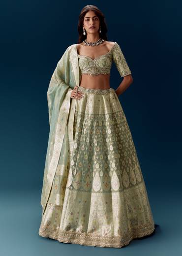 Sea Green Banarasi Embroidered Bridal Lehenga With Dupatta