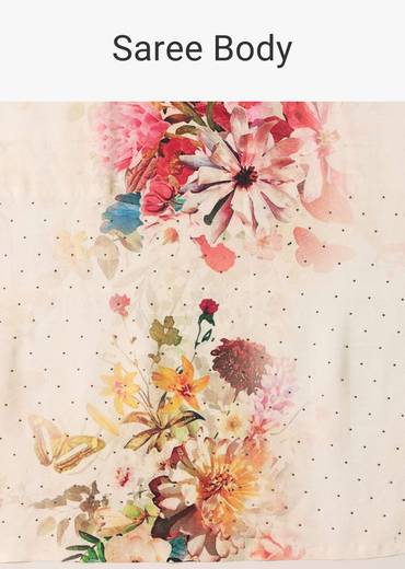 White Floral Printed Saree In Satin With Unstitched Blouse Piece