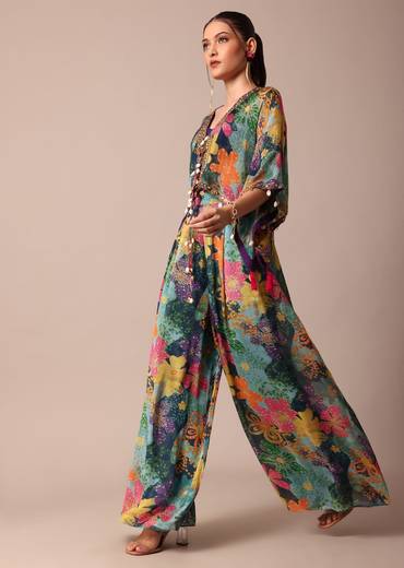 Beautiful Purple Floral Printed Indowestern Crop Top Set