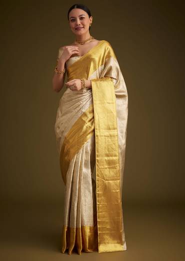 Silver Kanjivaram Silk Saree With Gold Contrast Border And Pallu