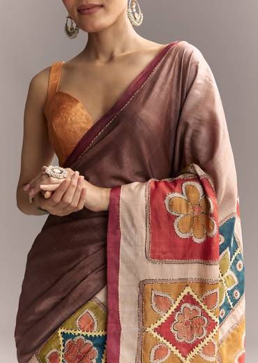 Earthy Artistic Couple Set – Brown Cotton Hand-Painted Saree With Contrast Border For Her And Brown Silk Kurta With Floral Print For Him