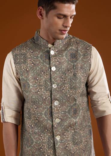 Sunlit Festive Couple Set – Orange Abstract Crush Saree for Her And Olive Silk Kurta Jacket Set for Him