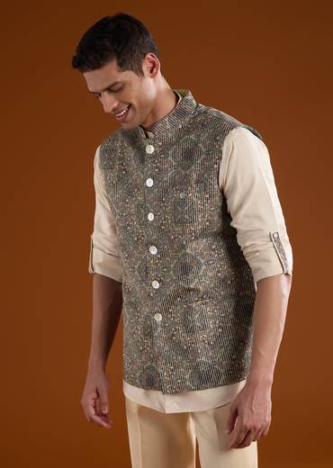 Sunlit Festive Couple Set – Orange Abstract Crush Saree for Her And Olive Silk Kurta Jacket Set for Him