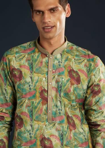 Artistic Green Festive Couple Set – Green Hand-Painted Cotton Saree For Her And Green Floral Silk Kurta Set For Him