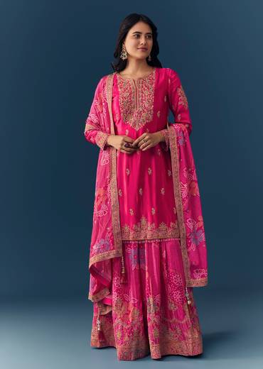 Pink Cutdana Embellished Kurta Palazzo Set