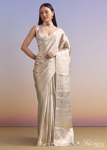 Powder Blue Chanderi Silk Woven Saree With Zari Embroidery