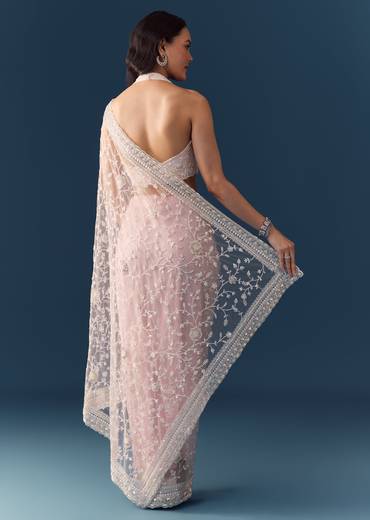 Pink Net Jaal Resham Work Saree with Unstitched Blouse