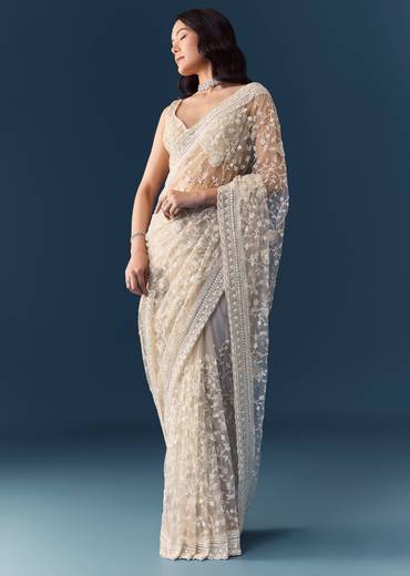 Off White Net Jaal Embellished Saree with Unstitched Blouse