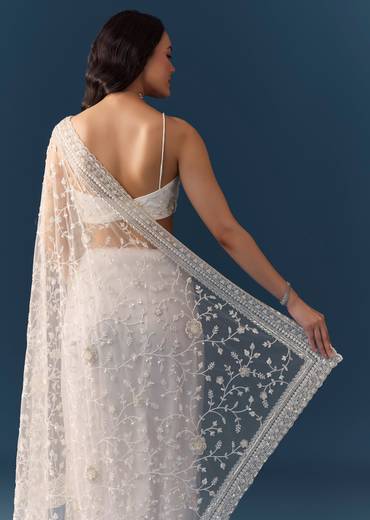 White Net Jaal Resham Work Saree with Unstitched Blouse
