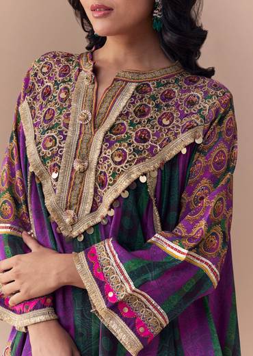 Purple Indie Print Dhoti Set with Handbag