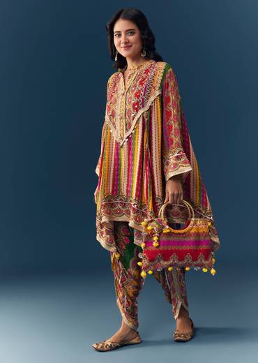 Multi Indie Print Kurti Dhoti Set with Handbag