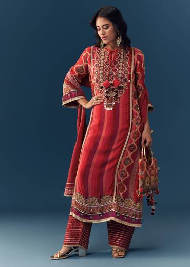 Orange Gota Lace Work Kurta Set with Handbag