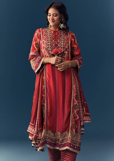 Orange Gota Lace Work Kurta Set with Handbag