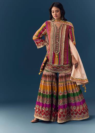 Multi Indie Print Sharara Set with Handbag