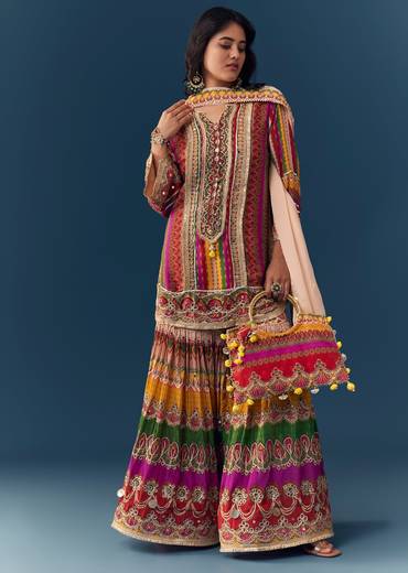 Multi Indie Print Sharara Set with Handbag