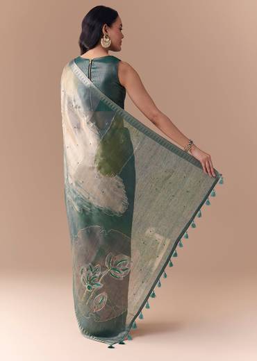 Teal Green Organza Silk Saree with Unstitched Blouse