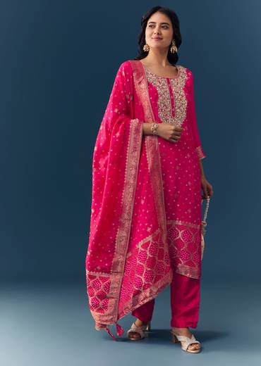 Pink Bandhani Zardozi Work Kurta Set