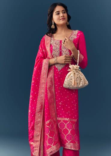 Pink Bandhani Zardozi Work Kurta Set