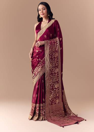 Wine Satin Woven Border Saree with Unstitched Blouse