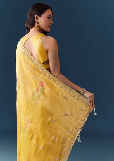 Yellow Jacquard Silk Woven Saree with Unstitched Blouse