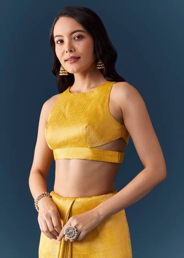 Yellow Jacquard Silk Woven Saree with Unstitched Blouse